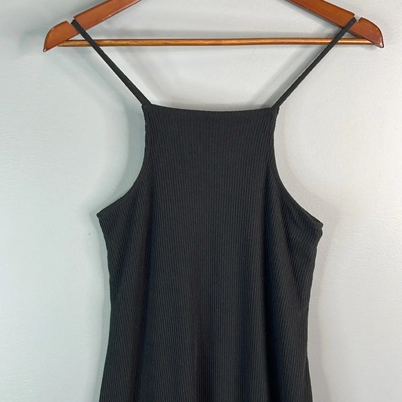 HARLOW Black Ribbed Sleeveless A-line Mini Tank Dress Lined Spaghetti Strap S - Picture 3 of 9